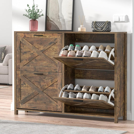 47" W Large Shoe Storage Cabinet with 4 Flip Drawers, Freestanding Hidden Shoe Cabinet Organizer with Adjustable Shelf, Narrow Shoe Cabinet for Entryway Hallway Living Room