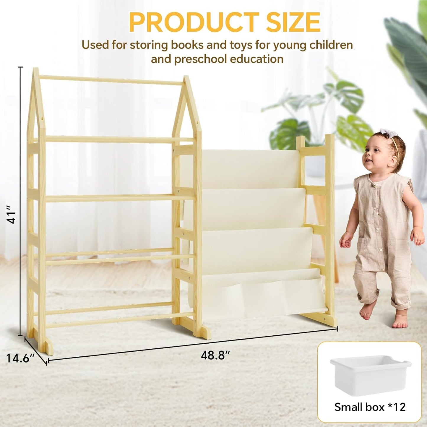 Wooden Toy Storage Organizer Kids Bookshelf, with 12 Toy Organizer Bins, Child Book Shelf for Kids Rooms, Nursery, Baby Room, Playroom, Montessori Toys Storage Organizers Rack Bookcase Shelves