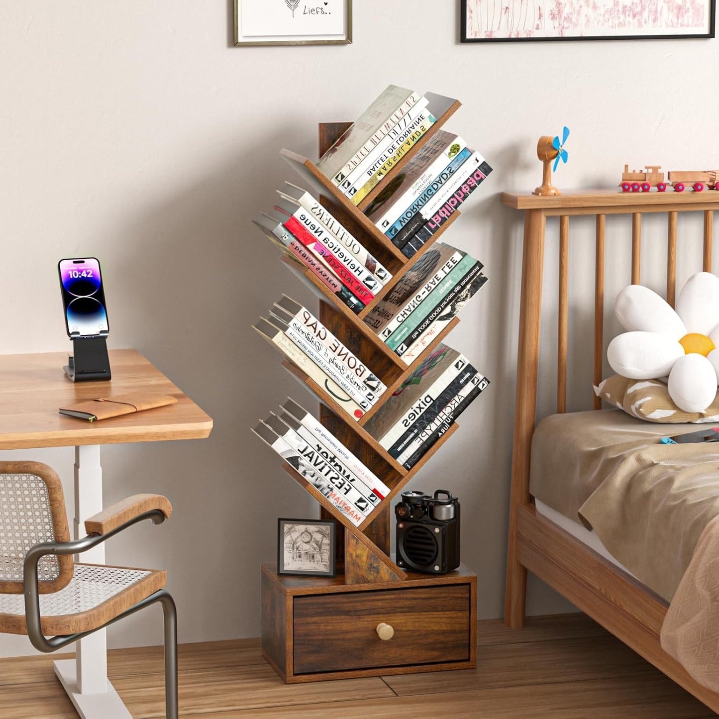 8 Tier Tree Bookshelf with Drawer, Free Standing Wood Bookcase for Narrow Space, Storage Organizer Bookshelves for Books, Book Case for Home Office, Living Room, Bedroom, Rustic Brown