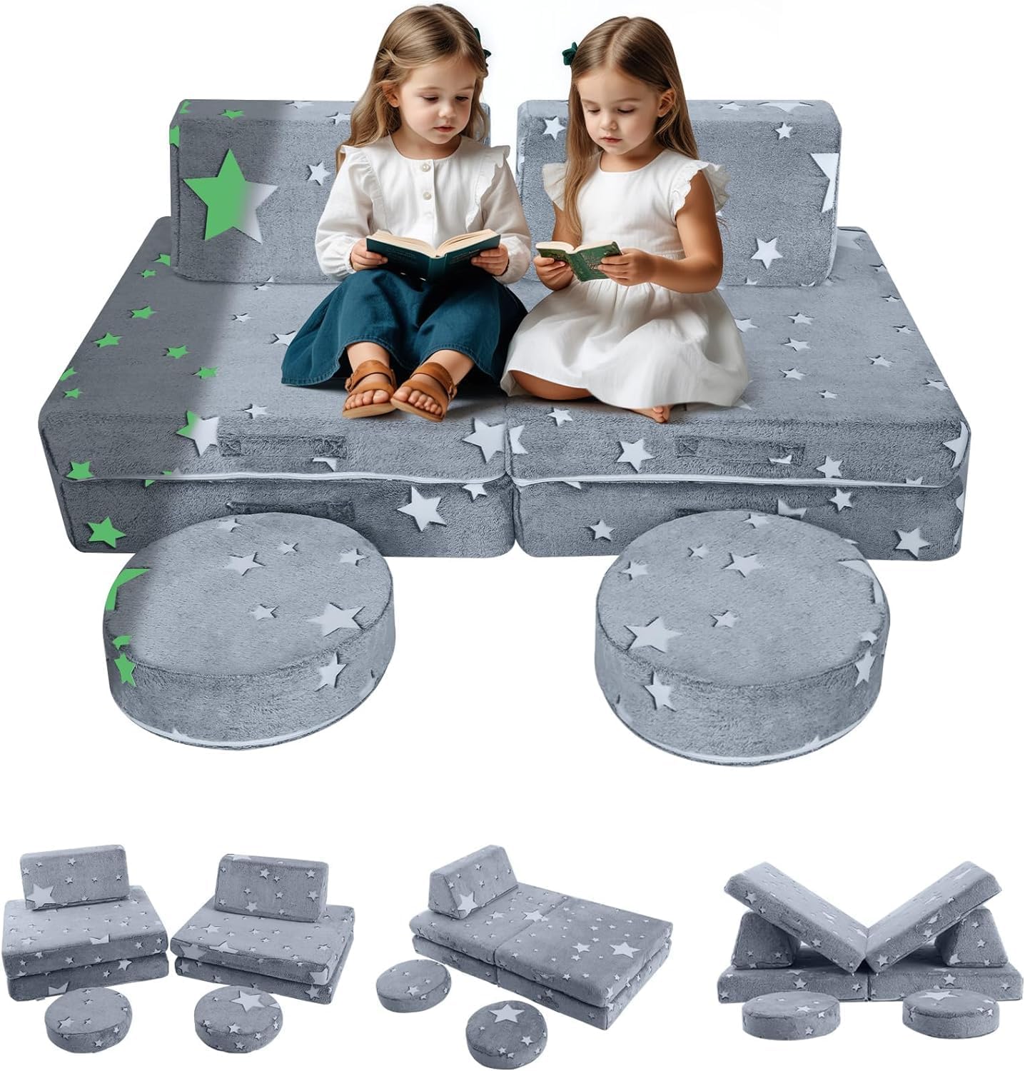 MeMoreCool 8-Piece Kids Modular Play Couch — Glow-in-The-Dark Star Foam Sofa Set for Toddlers, Convertible Fort Building & Climbing Furniture with Washable Covers, Playroom & Indoor Activity Set
