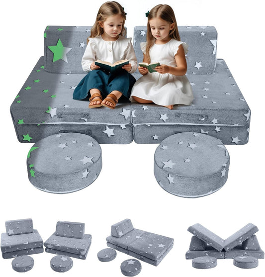 MeMoreCool 8-Piece Kids Modular Play Couch — Glow-in-The-Dark Star Foam Sofa Set for Toddlers, Convertible Fort Building & Climbing Furniture with Washable Covers, Playroom & Indoor Activity Set