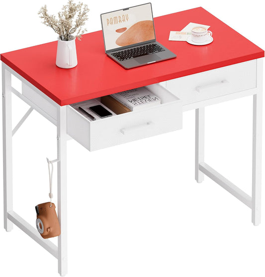 Pamray 32 Inch Small Computer Desk with 2 Drawers for Bedroom Study Writing Home Office Table for Small Spaces Red