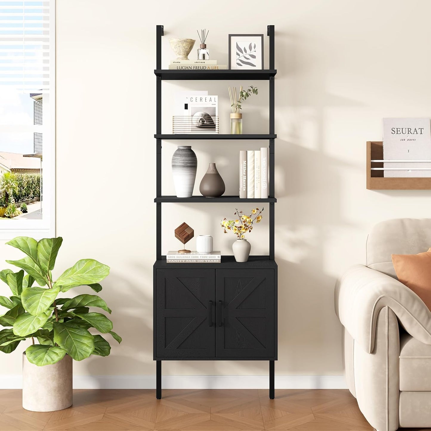 Yusong 73" Tall Bookshelf with Cabinet, Industrial Ladder Wall Mount Shelf Farmhouse Bookcase with Wood and Metal Frame, Plant Shelf Wall Storage Display for Living Room Bedroom, Farmhouse Black