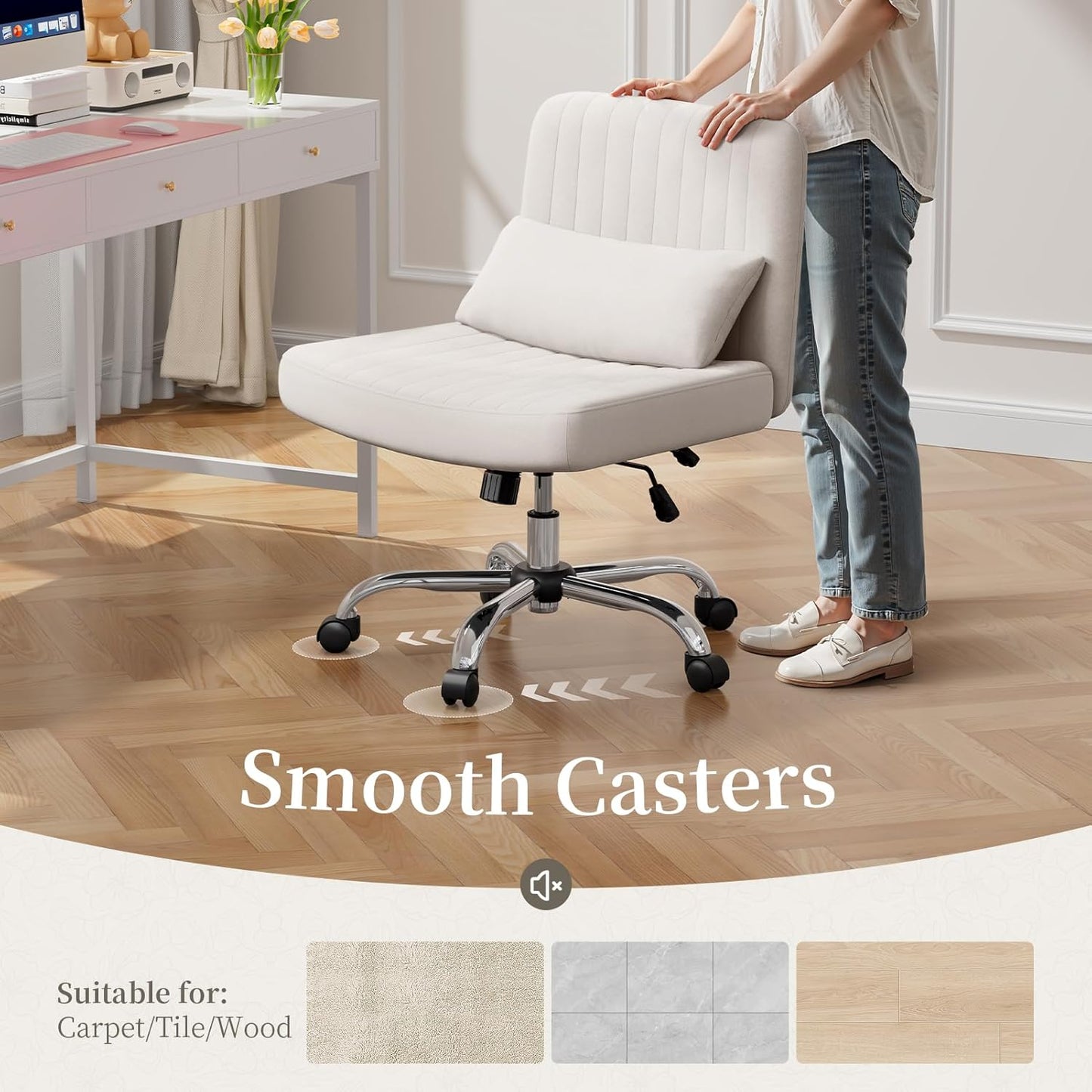 Warmiehomy Criss Cross Office Chair with Wheels, Velvet Cross-Legged Desk Chairs for Home, Height Adjustable Swivel Wide Seat Computer Chair, Modern Armless Vanity Chair for Girls Women, White