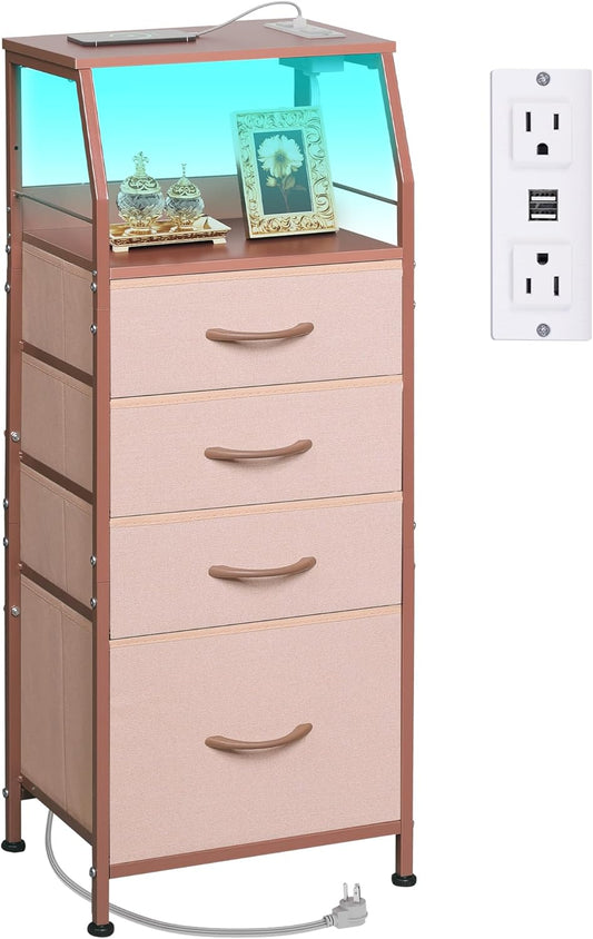 WLIVE 4 Drawer Dresser for Bedroom, 37" H Nightstand with Charging Station and Led Light, Tall Night Stand Bed Side Table, End Table with USB Ports and Outlets, Fabric Bins, Wood Shelf, Pink