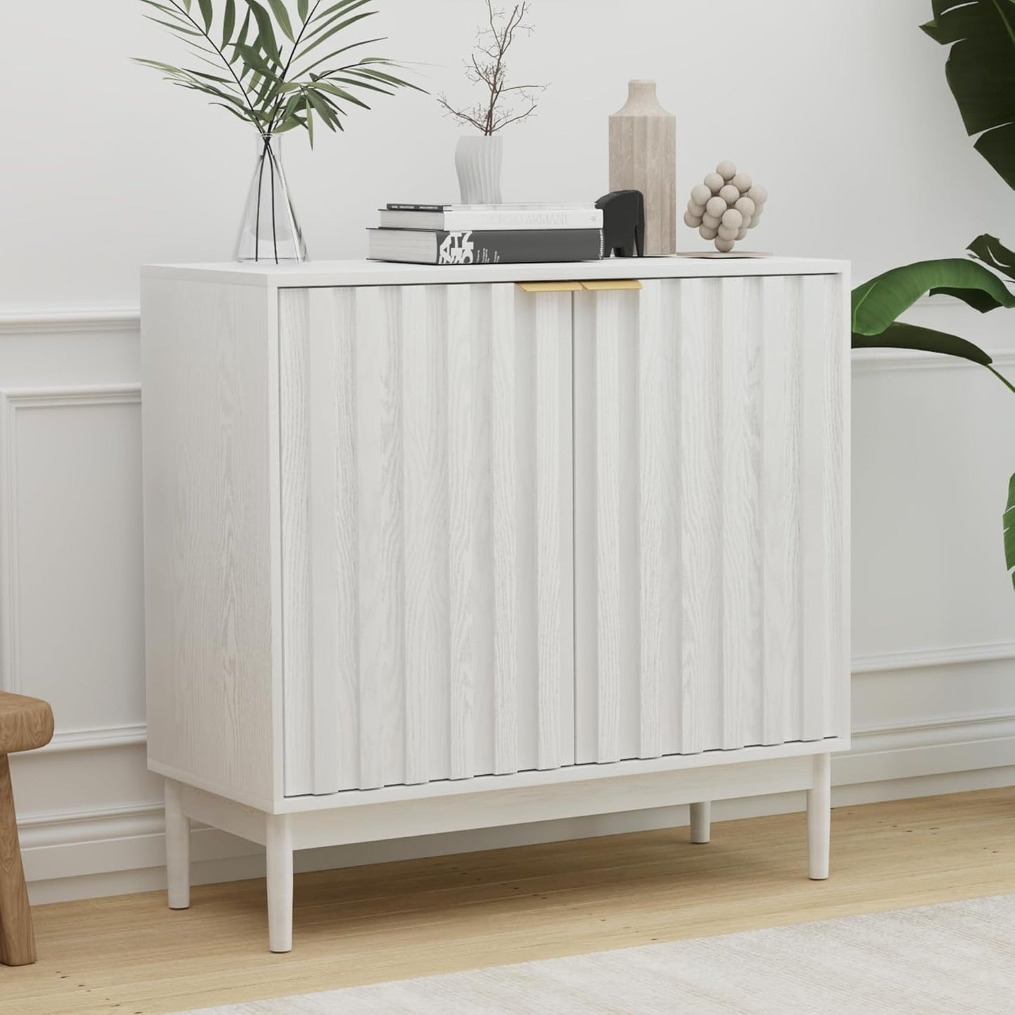 Fluted Cabinet with Storage, Buffet Cabinet Sideborad with Door, Kitchen Buffet Storage Accent Cabinets with Adjustable Shelves for Living Room, Entry, Hallway, White