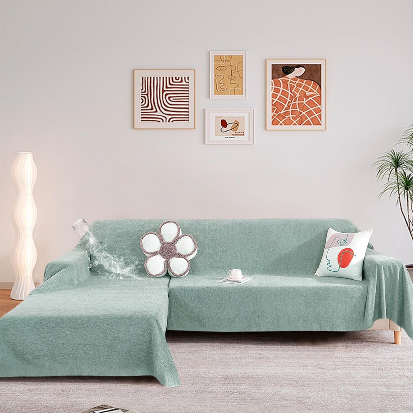 STACYPIK 100% Waterproof Sea Green Sofa Covers, Couch Cover for Sectional, Anti-Cat Scratch Furniture Protector, Washable Jacquard Sofa Cover for Dogs, Kids, Wear Resistant Sofa Slipcover-71X90IN