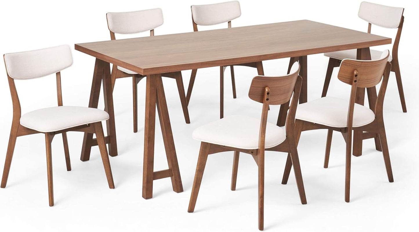 Christopher Knight Home Rachel Mid-Century Modern 7 Piece Dining Set with A-Frame Table, Light Beige + Walnut