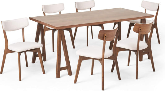 Christopher Knight Home Rachel Mid-Century Modern 7 Piece Dining Set with A-Frame Table, Light Beige + Walnut