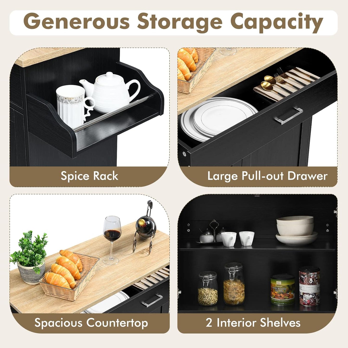 COSTWAY Kitchen Island On Wheels, Rolling Storage Trolley Cart with Large Cabinet, Drawer, Spice Rack and Towel Rack, Kitchen Serving Utility, 3-Position Adjustable Shelf (Black)