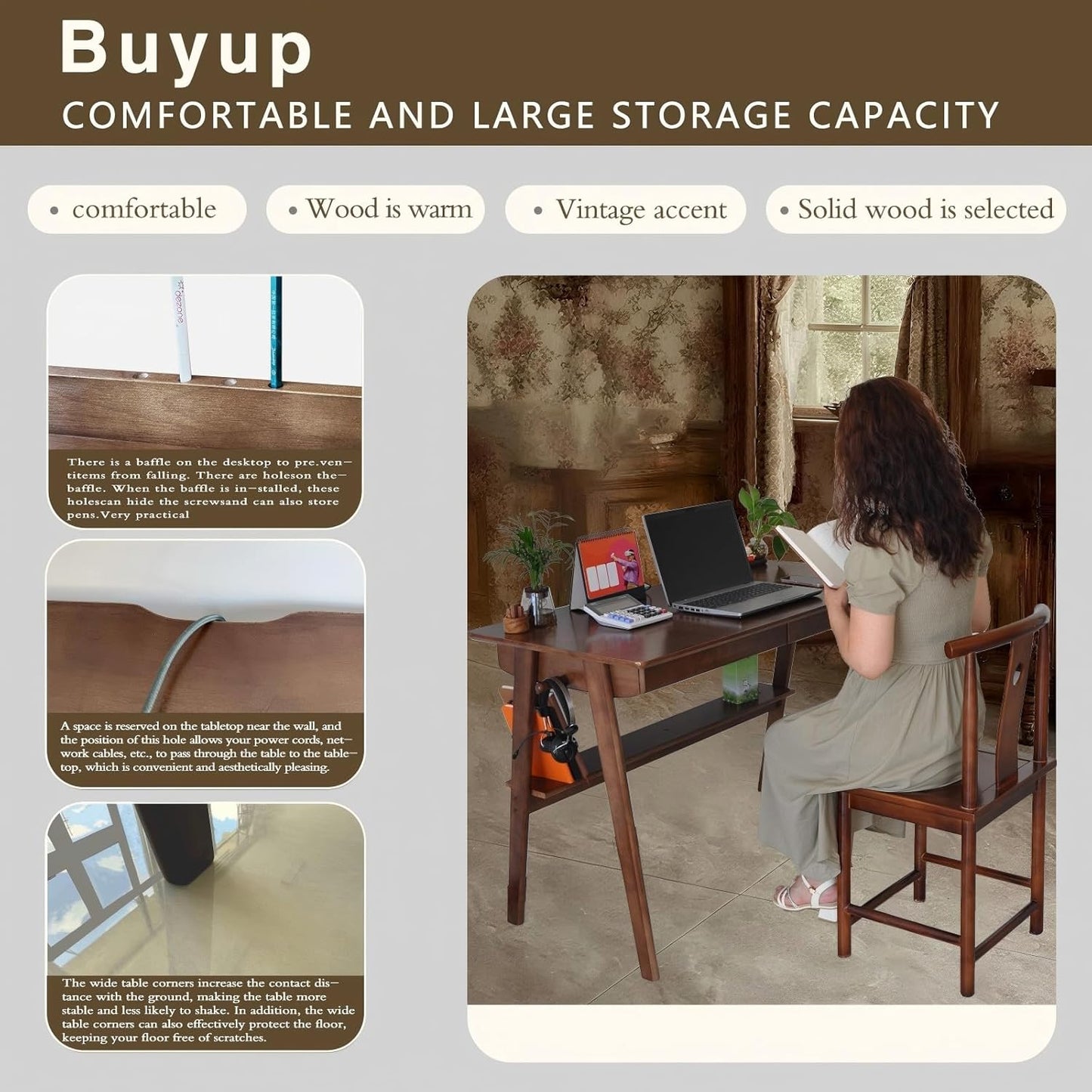 Oak Desk with Drawers, Solid Wood Desk with Bookshelf Small Computer Desk for Small Spaces Mid-Century Modern Wood Writing Desk with 2 Drawers for Home Office 39"