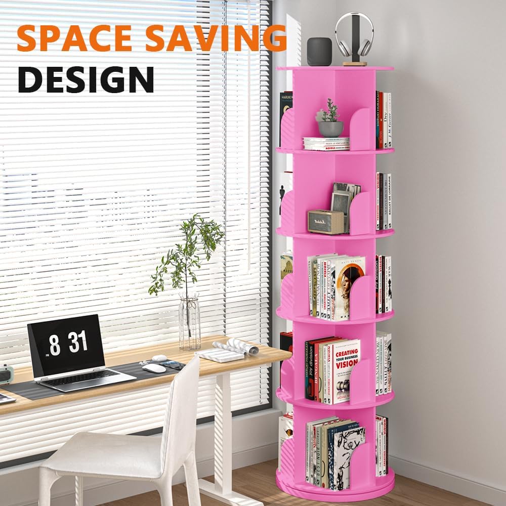 Nidouillet Rotating Bookshelf Tower, 5 Tier Spinning Bookcase Lazy Susan, Revolving 360 Book Shelf Storage Round Organizer, Vertical Rotate Turning Corner Book Case for Small Space, Pink