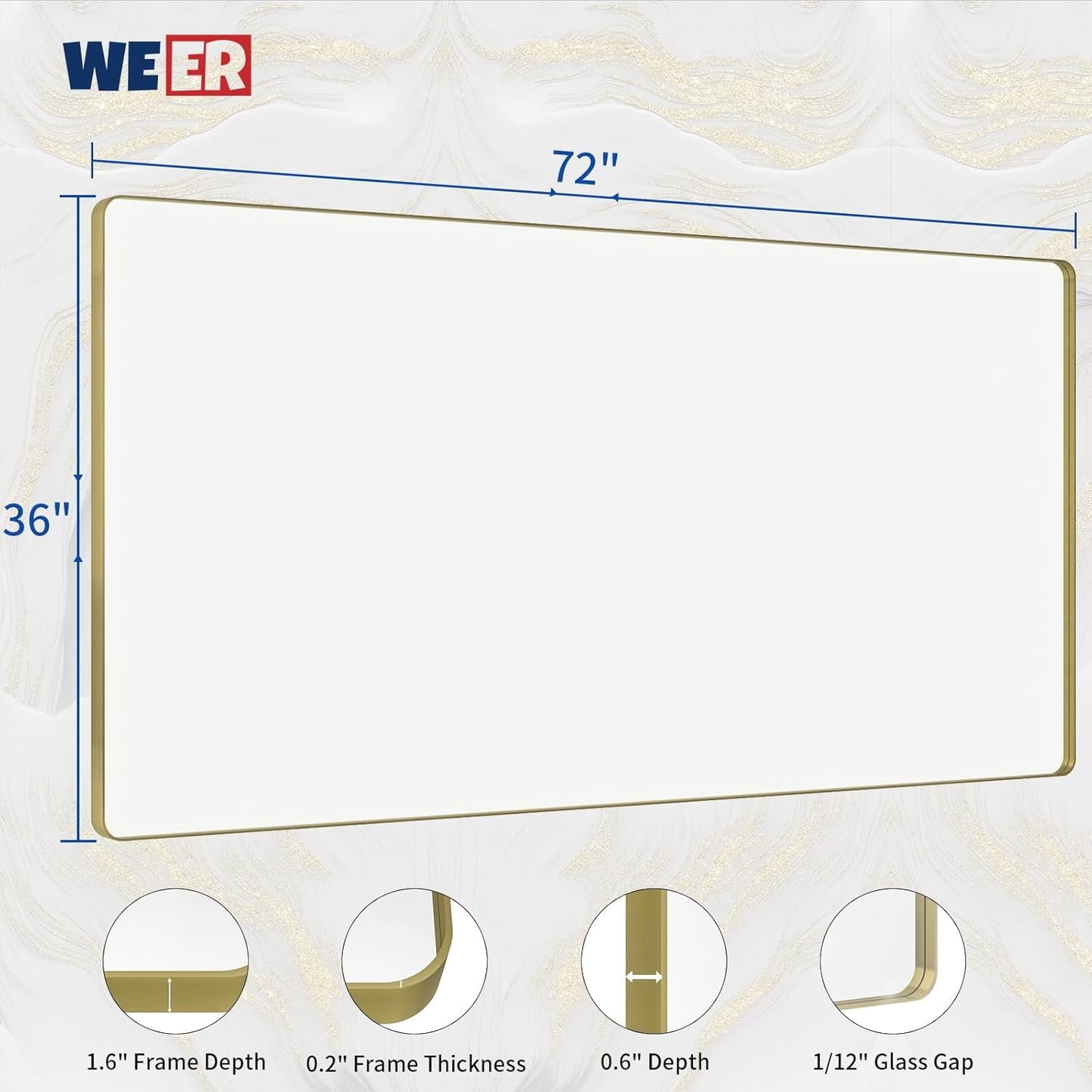 WEER Gold Bathroom Mirror, 72X36 Inch Brushed Gold Metal Frame Mirror, Rounded Rectangle Gold Bathroom Vanity Mirror for Wall, Tempered Glass, Anti-Rust, Hangs Horizontally or Vertically
