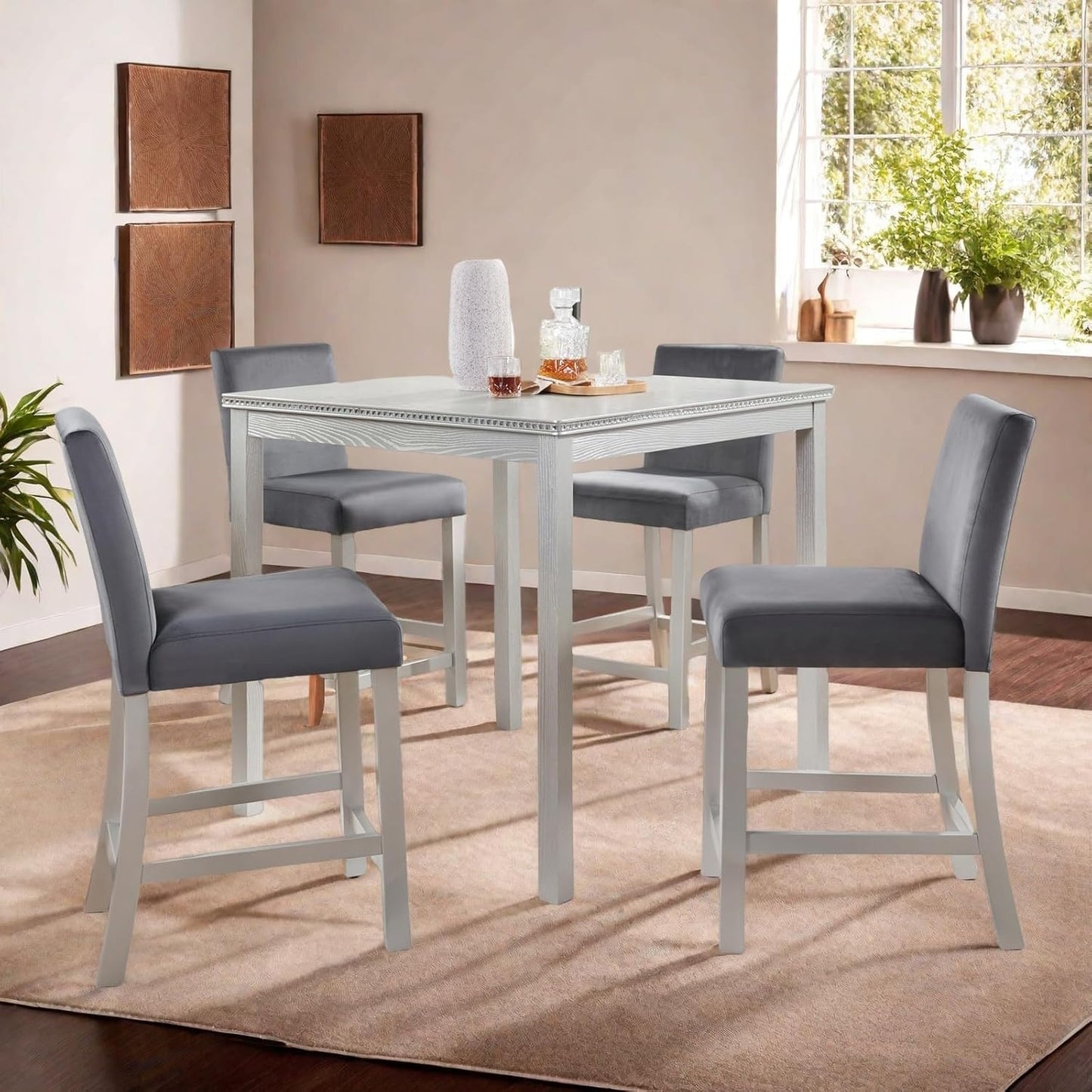 Dining Table Set for 4, 5-Piece Dining Room Table Set with Square Crystal Decoration Table & 4 Upholstered Backrest Chairs, Counter Height Kitchen Sets with Wood Grain & Footrest, Grey