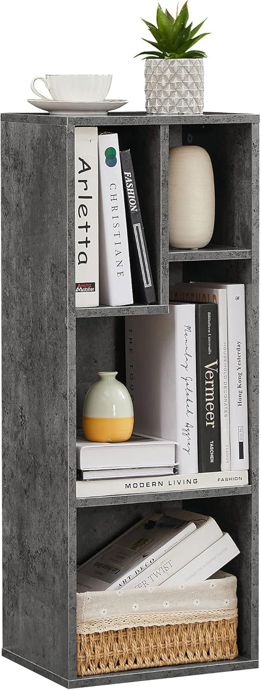 VECELO Small Bookshelf, 4 Cube Slim Bookcase, Fits Tallest Hardcovers, Horizontal Available, Modern Floor Standing Unit, Each Shelf Hold Up to 66 LBS, Modern Gray
