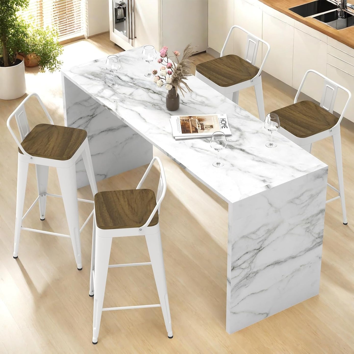 White Bar Stools Set of 4, Metal Bar Stools with Wooden Seat, Modern 24”Counter Height Barstools with Low Back