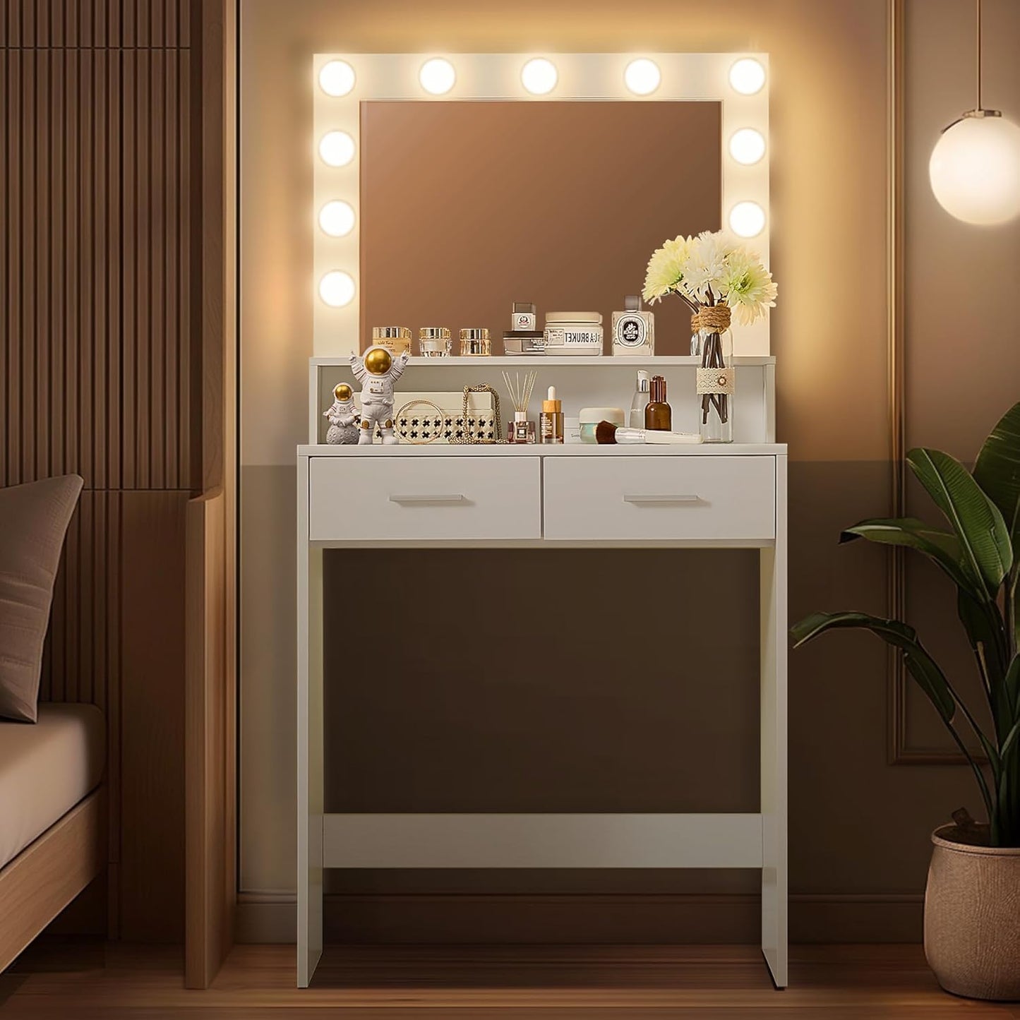 Vanity Desk with Mirror and Lights, Dressing Table with Large Drawer, 2 Level Storage Dresser & 3 Lighting Modes Adjustable Brightness, Suitable for Bedroom