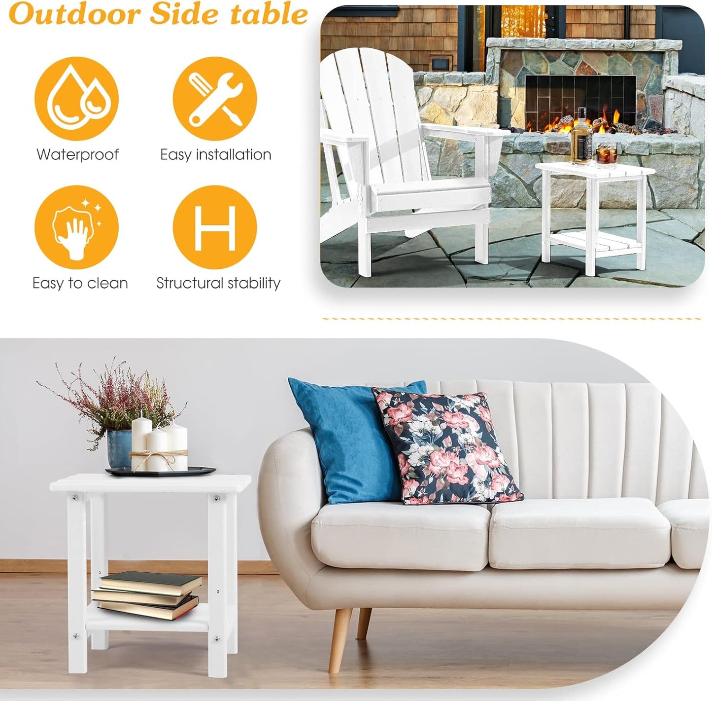 Adirondack Outdoor Side Table, 2-Tier Sturdy Patio End Table Weather Resistant, 16.5" Solid Side Table for Patio, Pool, Porch