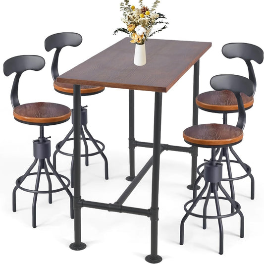 5 Pieces Industrial Dining Table Set 41.3inch Hight Rectangle Bar Table and Height Adjustable Bar Stools with Backrest for Home Office Cafe House