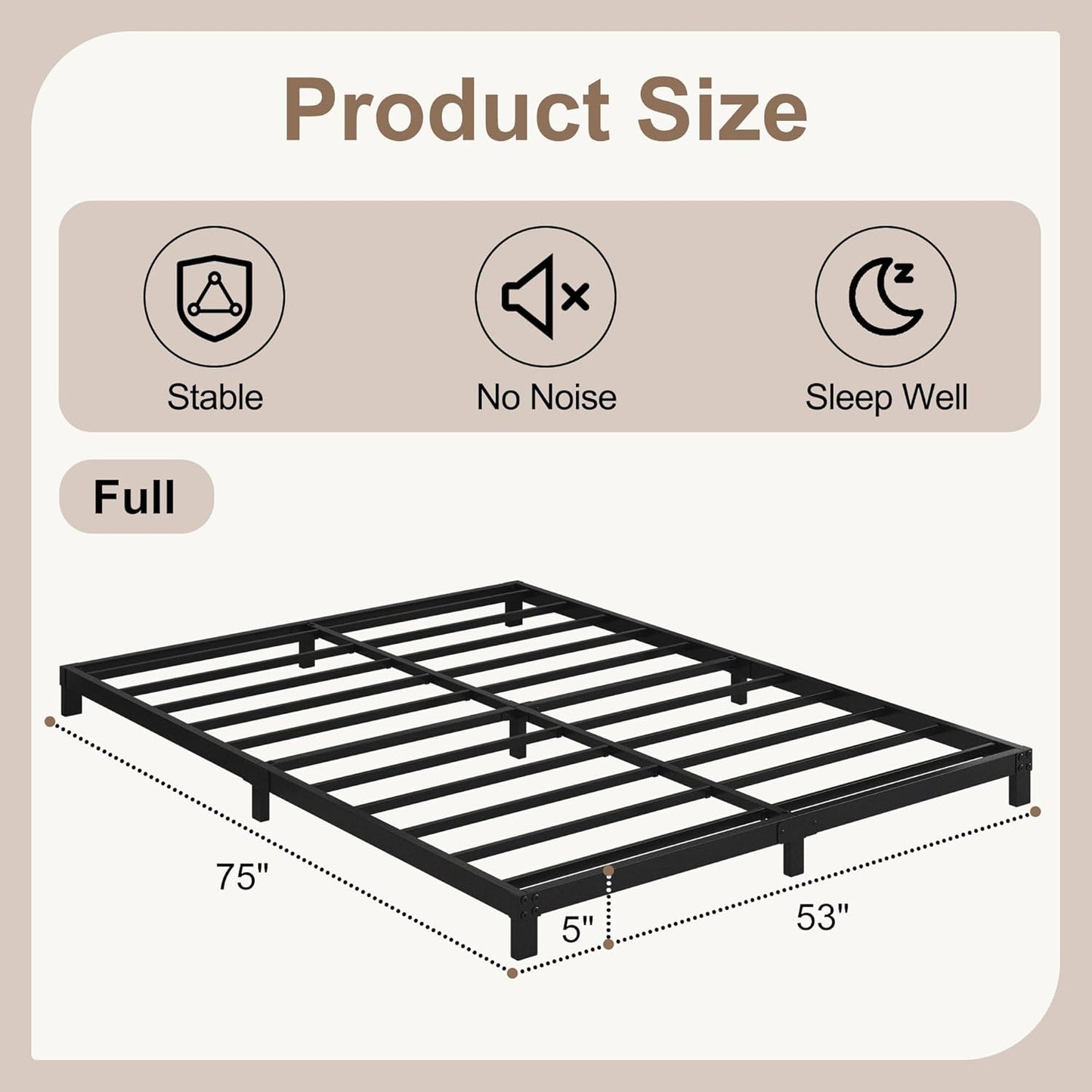 5 Inch Low Bed Frame Full, Heavy Duty Full Size Bed Frame Low Profile, No Box Spring Needed, Easy Assembly, Noise Free, Black