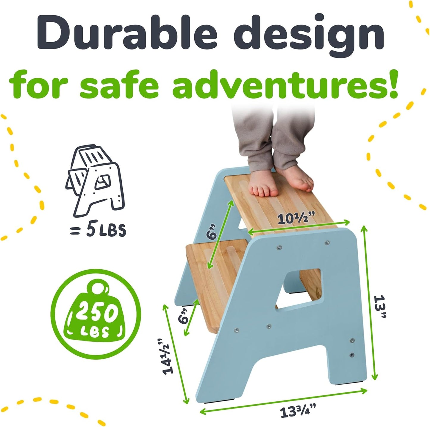 2-Step Wooden Step Stool for Toddlers | Kids Stool for Bathroom Sink & Kitchen Use | Non-Slip Step | Wooden Stool for Children Ages 2+ Years Blue