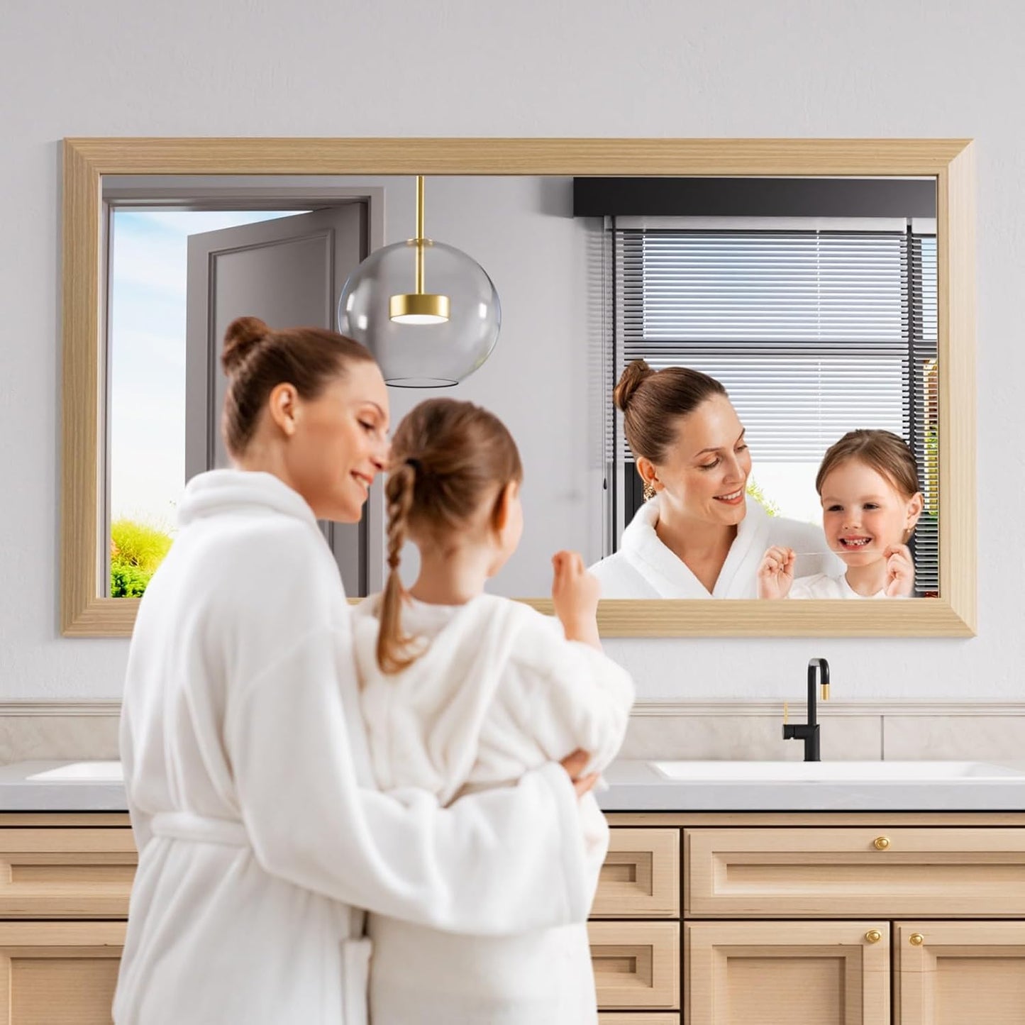 Amorho 50 X30 Inch Bathroom Mirror for Wall, Oak Wood Grain Metal Framed Mirror, Anti-Rust, Hang Horizontally/Vertically, Suitable for Bedroom, Farmhouse, Bathroom, Decorative