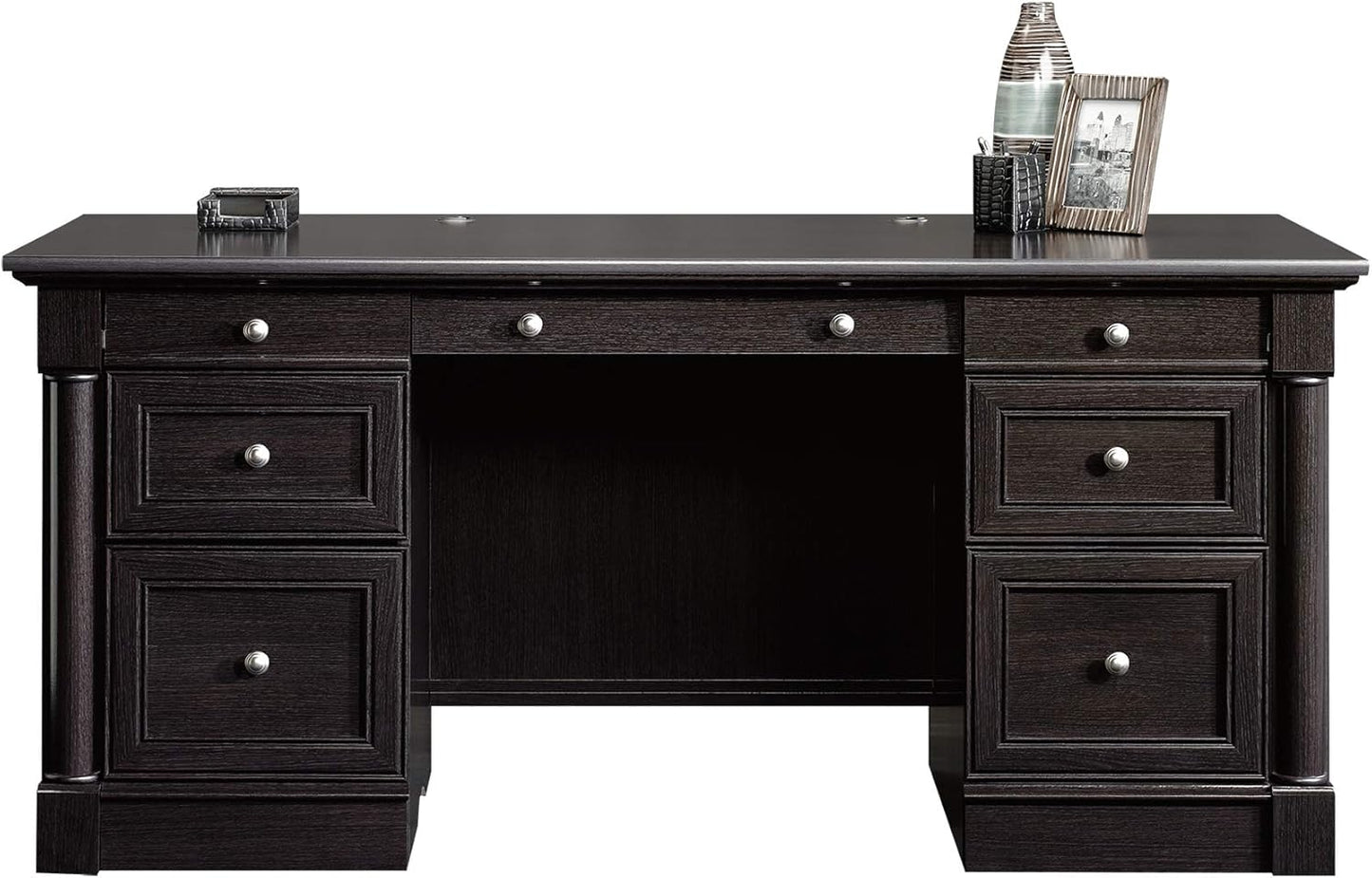 Sauder Palladia Office Desk with Drawers, Executive Desk with File Cabinet Storage, Cable Management, Keyboard Tray, in Wind Oak Finish