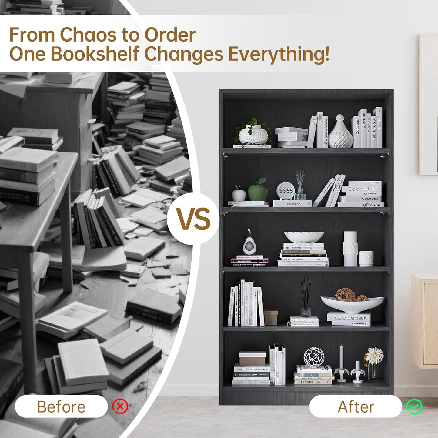 Wooden Bookshelf with Adjustable Shelves, 5 Tier Tall Bookcase for Living Room, Office or Small Spaces,Heavy Dute Bookshelves Storage Organizer, Manga Bookshelf for Collectors,60 Inch,Gray