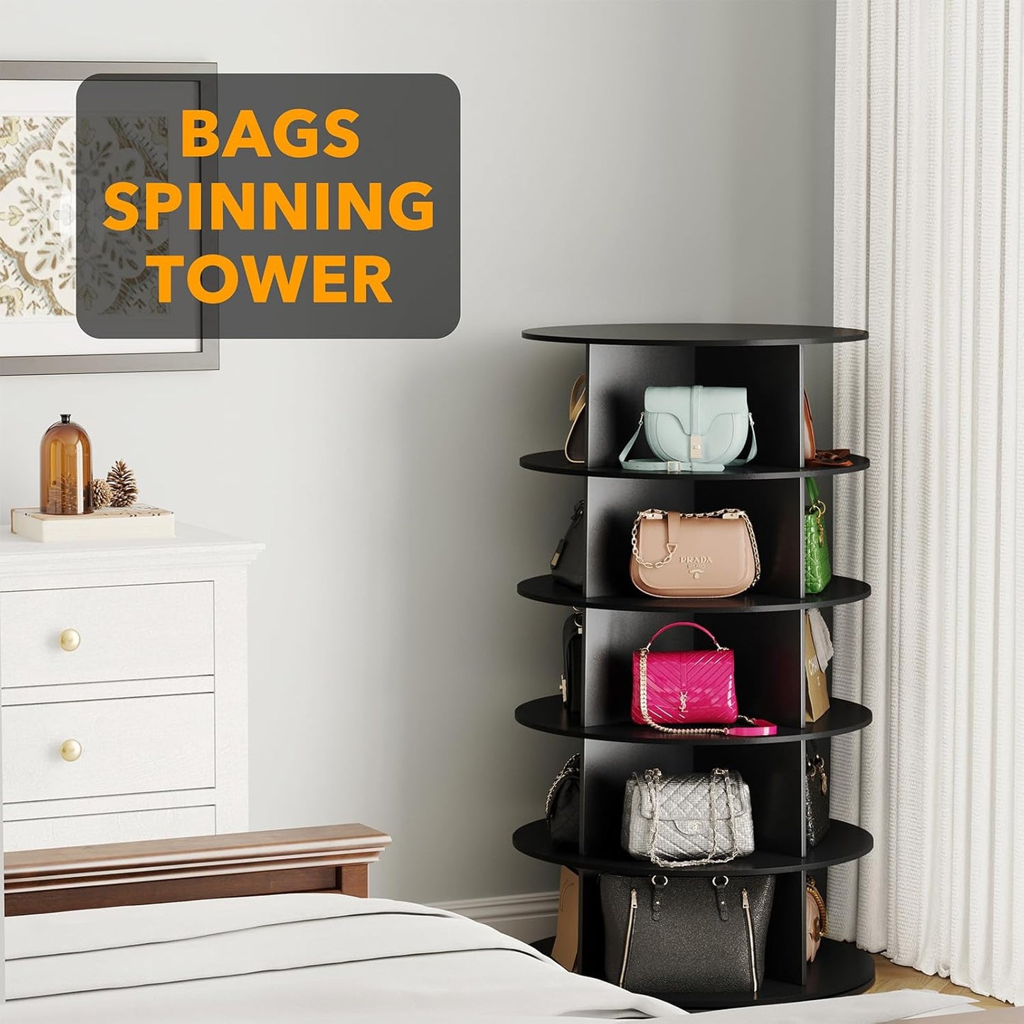 SpaceAid 5 Tier Rotating Shoe Rack Tower, Spinning Shoe Display Lazy Susan, Revolving 360 Shoe Rack Storage Round Carousel, Vertical Handbag Rotate Shoes Closet Organization (5-Tier Black)