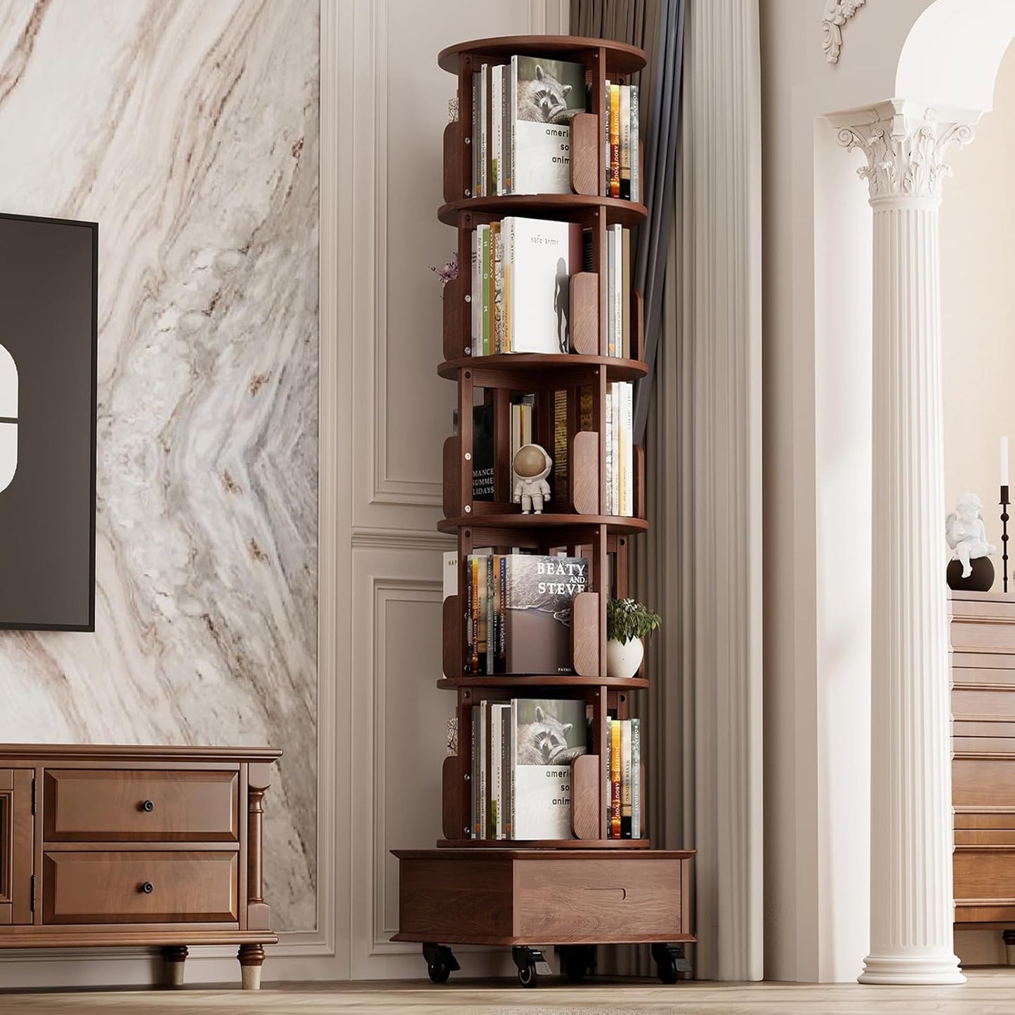 Solid Wood Rotating Bookshelf Tower on Wheels, 5-Tier Spinning Bookcase with Drawer, 72" Floor Standing Revolving Bookshelf, Rotating Bookcase for Small Space, Walnut