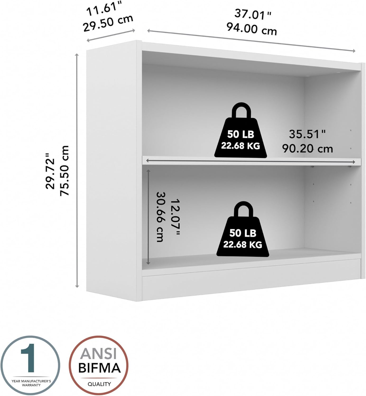 Bush Furniture Universal Small 2 Shelf Bookcase in White, Low Storage and Display Bookshelf for Home Office or Living Room Organization