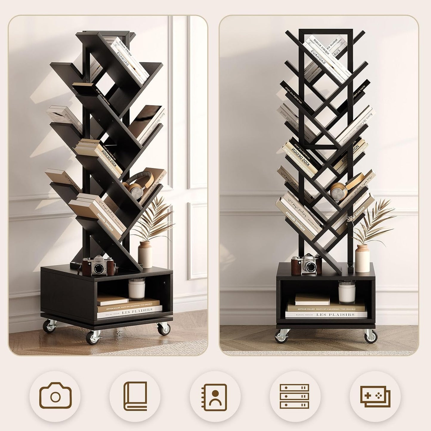 7 Tier Double Sided Rotating Tree Book Shelf, Floor Standing Wood Bookshelf with Adjustable Wheels for Narrow Space, with Storage Cabinet for Books/CDs/Magazine, Black
