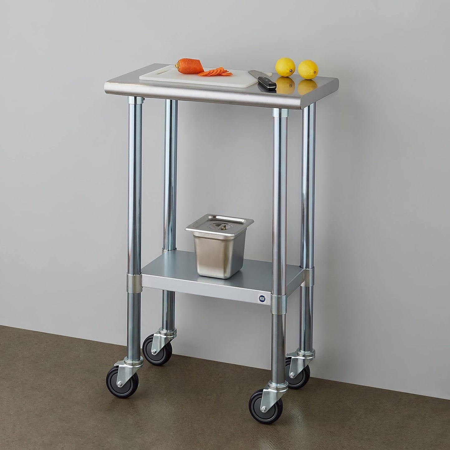 ROCKPOINT Stainless Steel Table for Prep & Work with Caster Wheels 14x24 Inches, NSF Metal Commercial Kitchen Heavy Duty Table with Adjustable Under Shelf and Table Foot for Restaurant, Home and Hotel