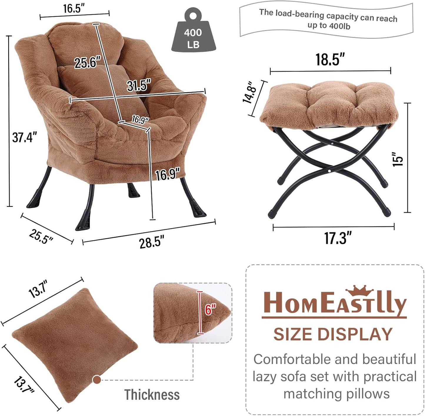 Lazy Chair with Ottoman, Reading Chair with a Pillow, Leisure Sofa Armchair with Ottoman, Large Accent Lounge Chair for Bedroom, Living Room, Dorm Room, Plush Brown
