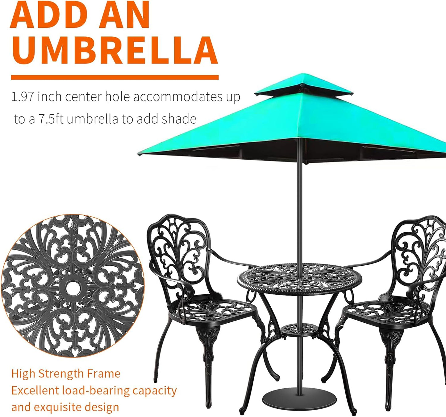 Bistro Set 3 Piece Outdoor, Bistro Table and Chairs Set of 2, All Weather Patio Bistro Set with Umbrella Hole, Patio Set for Garden, Black