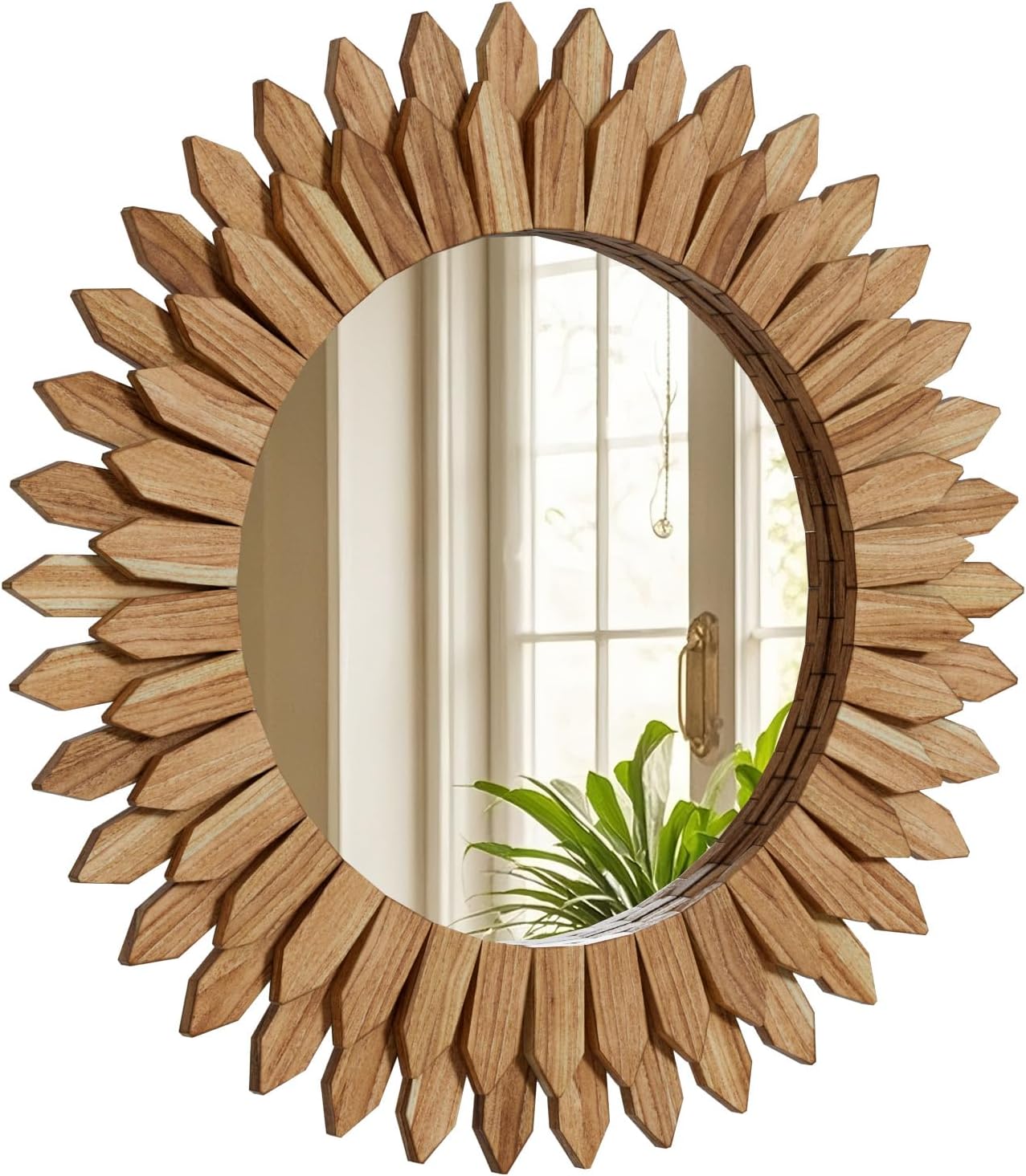 24 Inch Brown Boho Wall Decor Sunburst Mirror - Round Wooden Wall Decor, Handmade Rustic Circular Mirror for Living Room, Bedroom, Entryway, Office