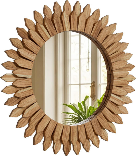 24 Inch Brown Boho Wall Decor Sunburst Mirror - Round Wooden Wall Decor, Handmade Rustic Circular Mirror for Living Room, Bedroom, Entryway, Office