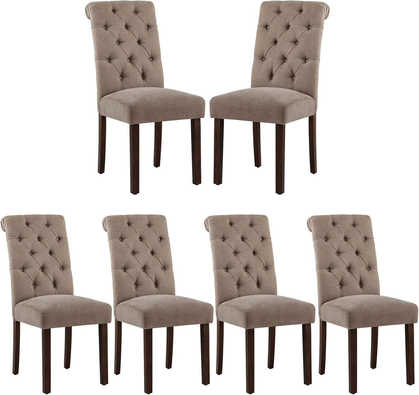COLAMY Button Tufted Dining Chairs Set of 6, Parsons Upholstered Fabric Dining Room Chairs Kitchen Chairs with Wood Legs and Padded Seat, Taupe