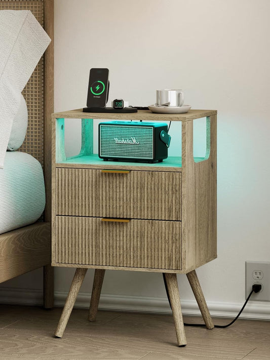 Nightstand, Modern Bedside Table with 2 Storage Drawer and Open Wood Shelf for Bedroom and Small Spaces, Night Stand with Solid Wood Legs (Grey Oak-Outlet)