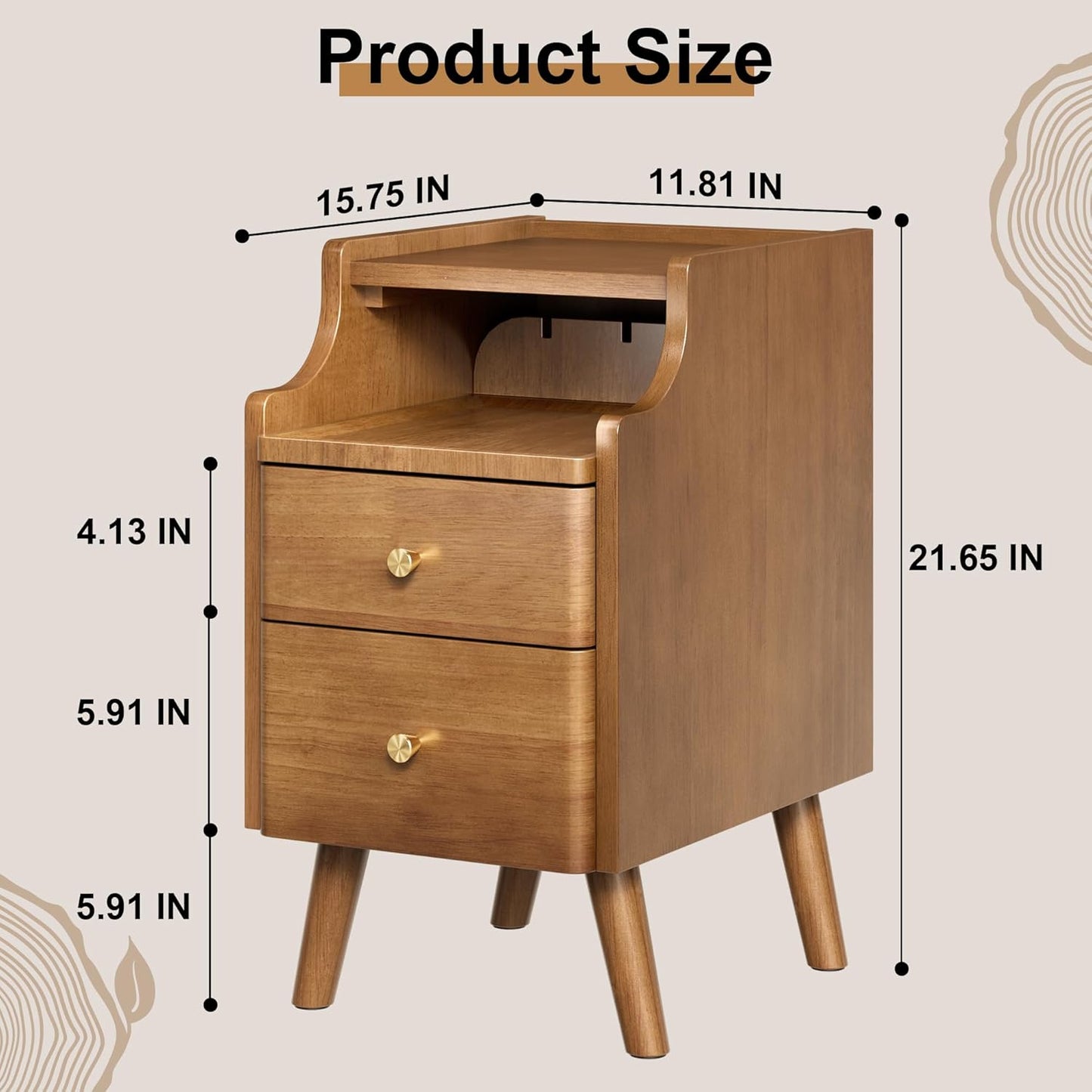 Narrow Nightstand, Solid Wood Night Stand with 2 Drawers, Walnut Mid Century Modern Nightstand, Small Beside Table with Open Storage Shelf for Bedroom（12 inch