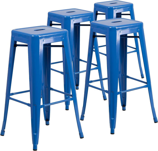 Flash Furniture Lily 4 Pack Commercial Grade 30" High Backless Blue Metal Indoor-Outdoor Barstool with Square Seat