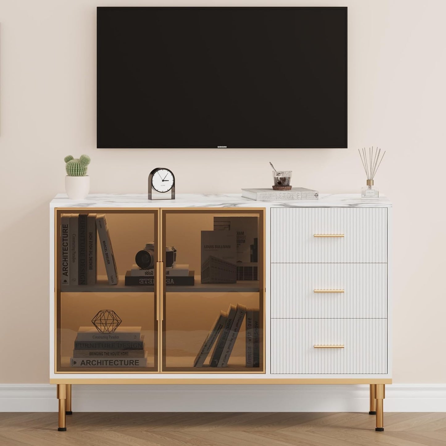 Buffet Sideboard Cabinet with Storage, 46.4" Large Fluted Kitchen Sideboard Cabinet with 2 Glass Doors 3 Drawers and Shelves, Faux Marble Top Buffet Table for Dining Room, Living Room, White