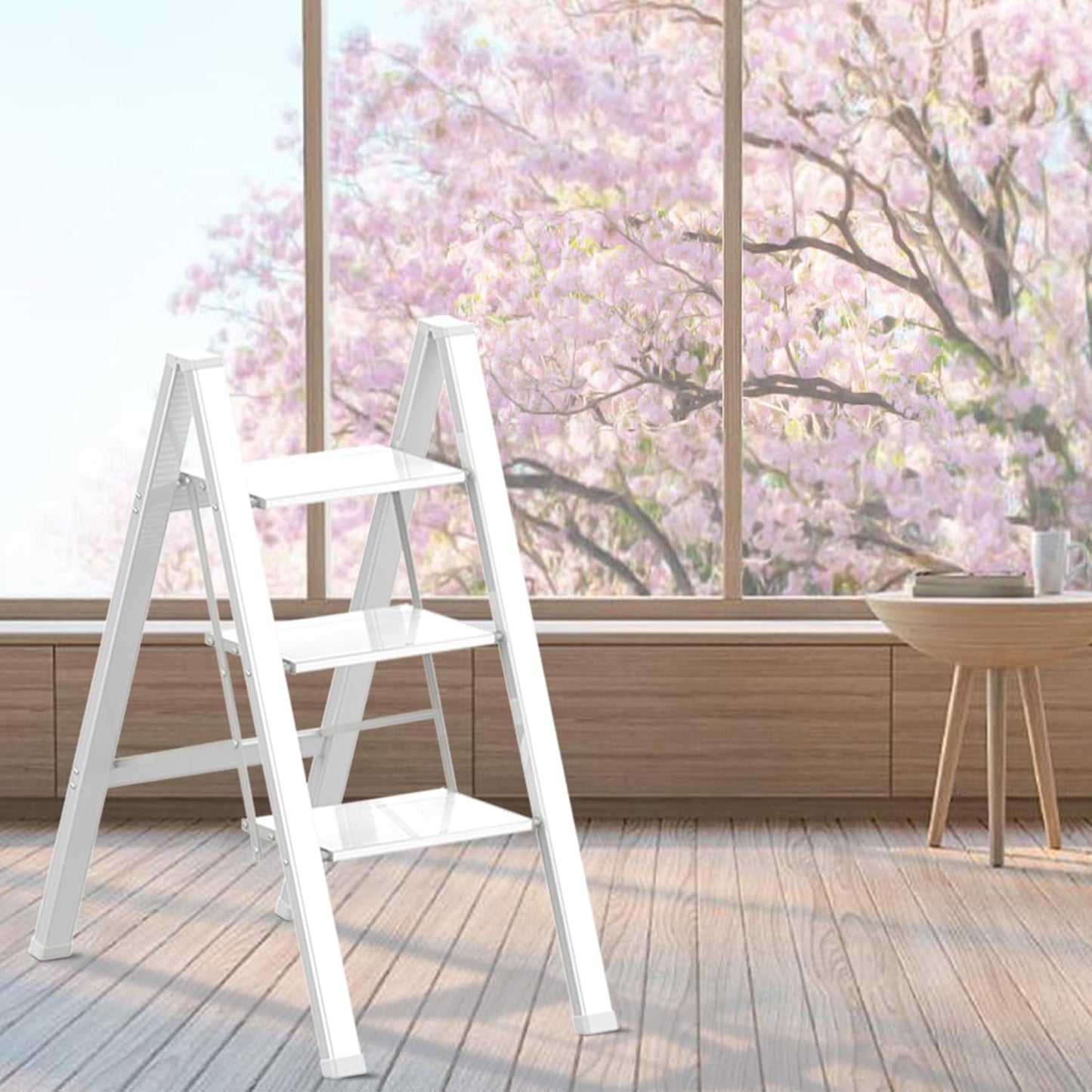 3 Step Lightweight Folding Ladder for Home, 330lbs Aluminum Step Ladder Anti-Slip for Kitchen, Step Stool Foldable Adults for Closet, 330lbs - White