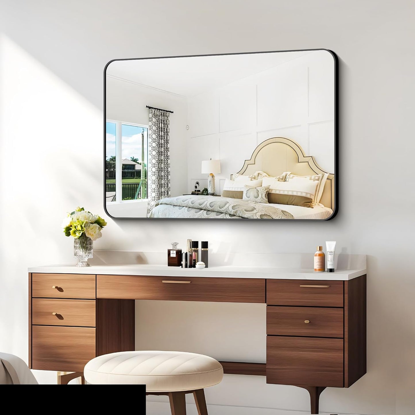 BONEWEI 30x40 inch Bathroom Mirror,Black Rectangle Mirror,Wall Mounted Bathroom Frame Vanity Mirror with Round Corner for Bedroom Living Room, Entryway Hangs Horizontal or Vertical