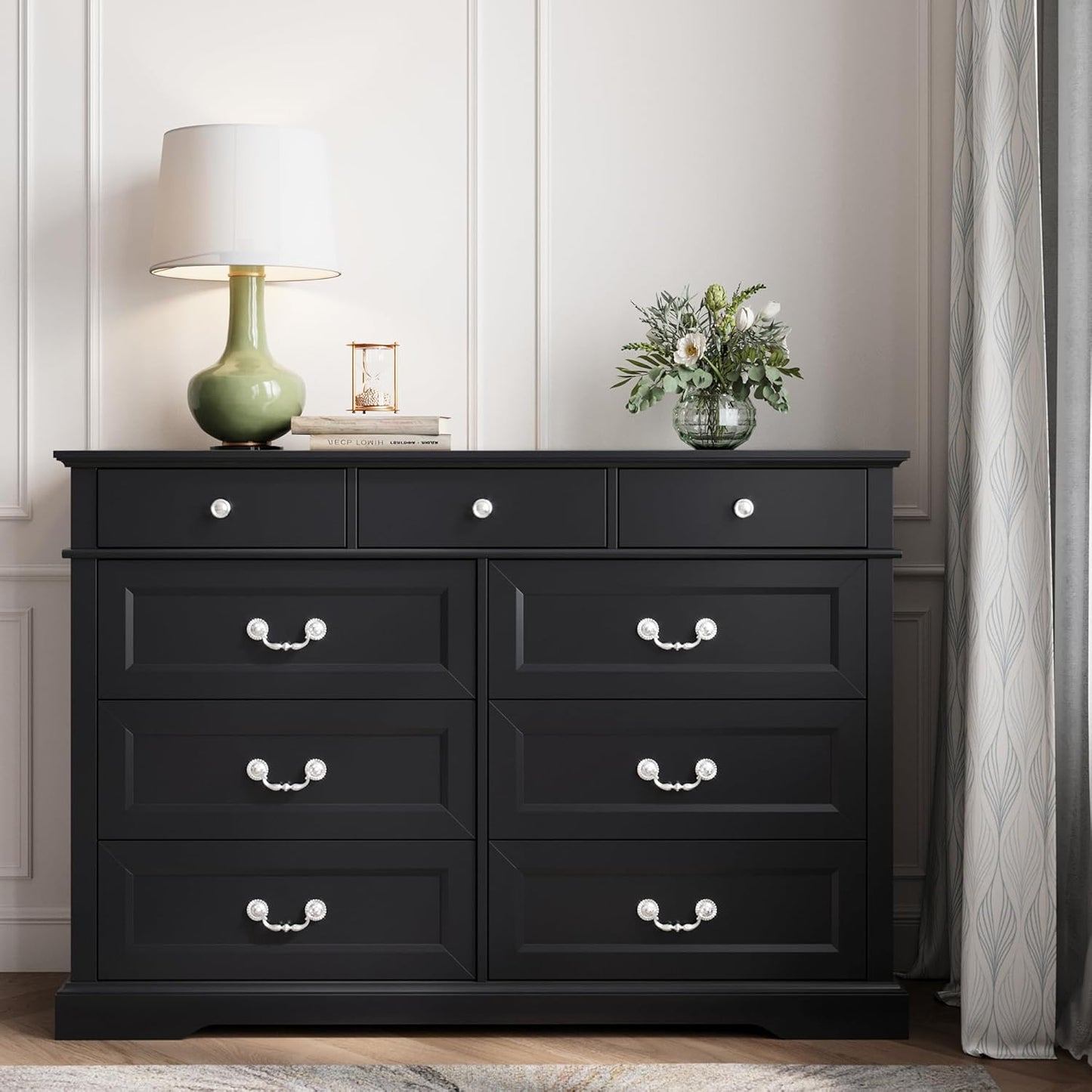 LINSY HOME 9 Drawers Dresser for Bedroom, 54" Wide Wooden Storage Chest with Antique Handles, Modern Farmhouse Large Dresser TV Stand, Chest of Drawers for Closet, Living Room, Hallway, Black