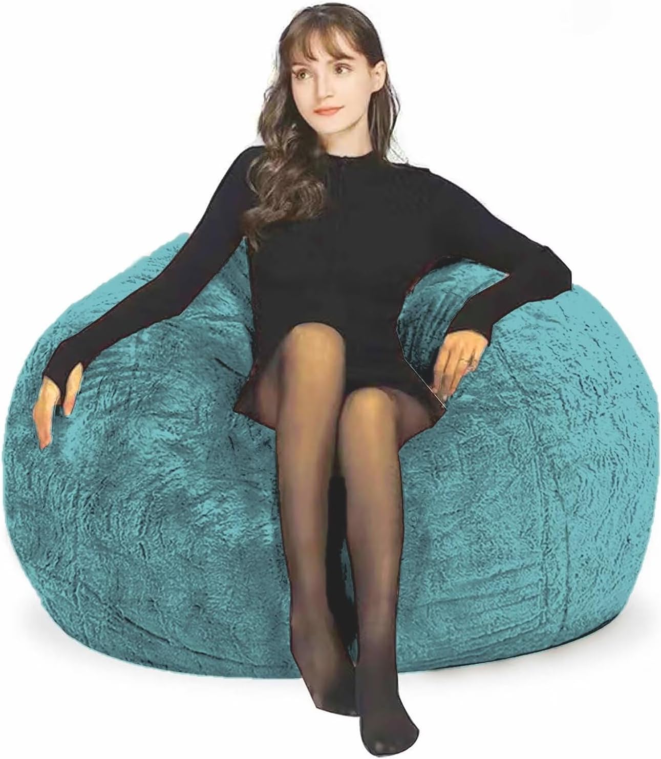 Bean Bag Chairs for Kids Comfy Fluffy Big Joe Bean Bag Chair Cover Without Filler Round Sofa Chairs for Bedroom Living Room Decor, 5FT, Peacock Green