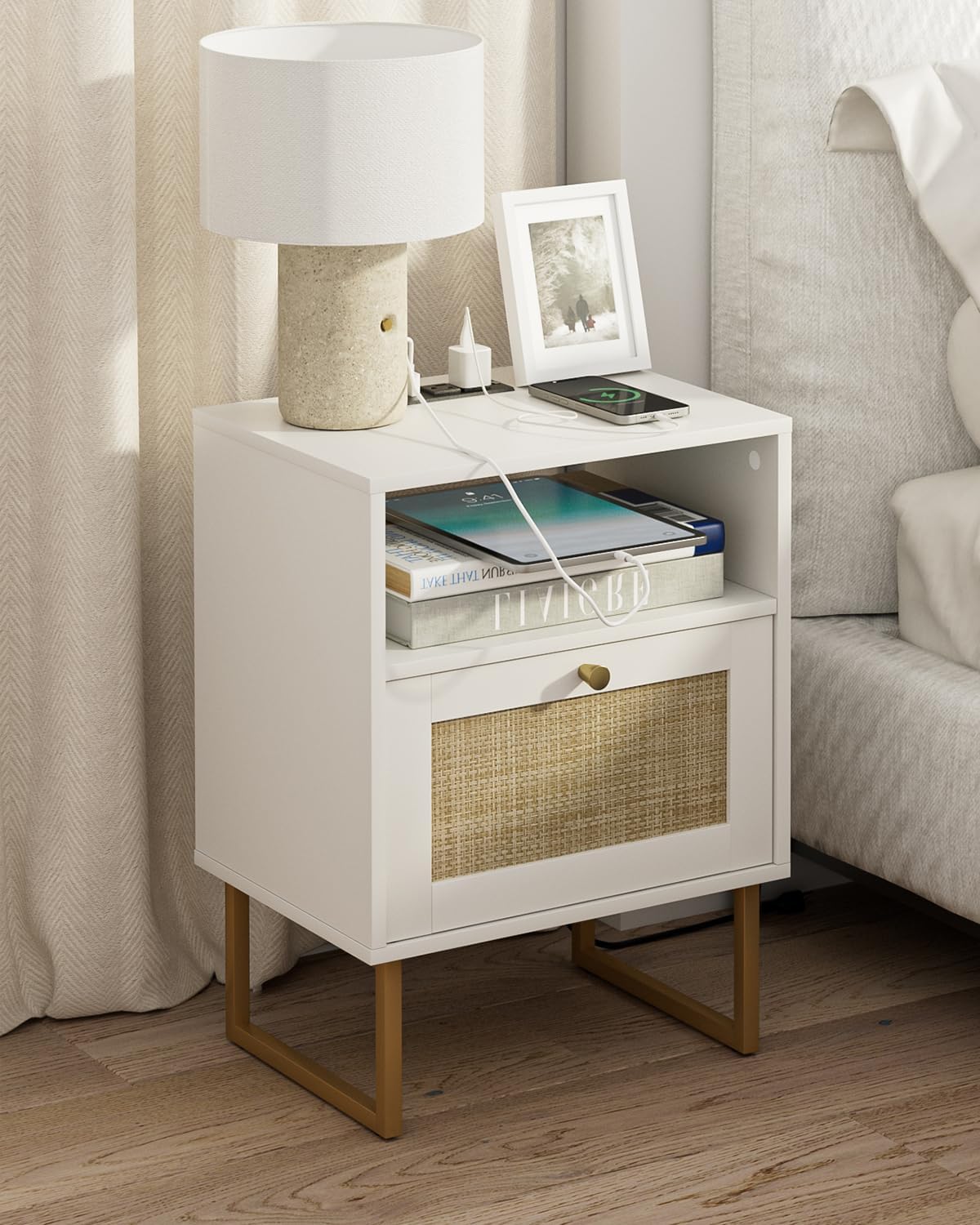Masupu Rattan Nightstand with Charging Station,Modern Boho Farmhouse Wood Bedside Table with Storage Drawer and Open Shelf,Small Gold Frame Side End Table for Bedroom,Living Room,Office White