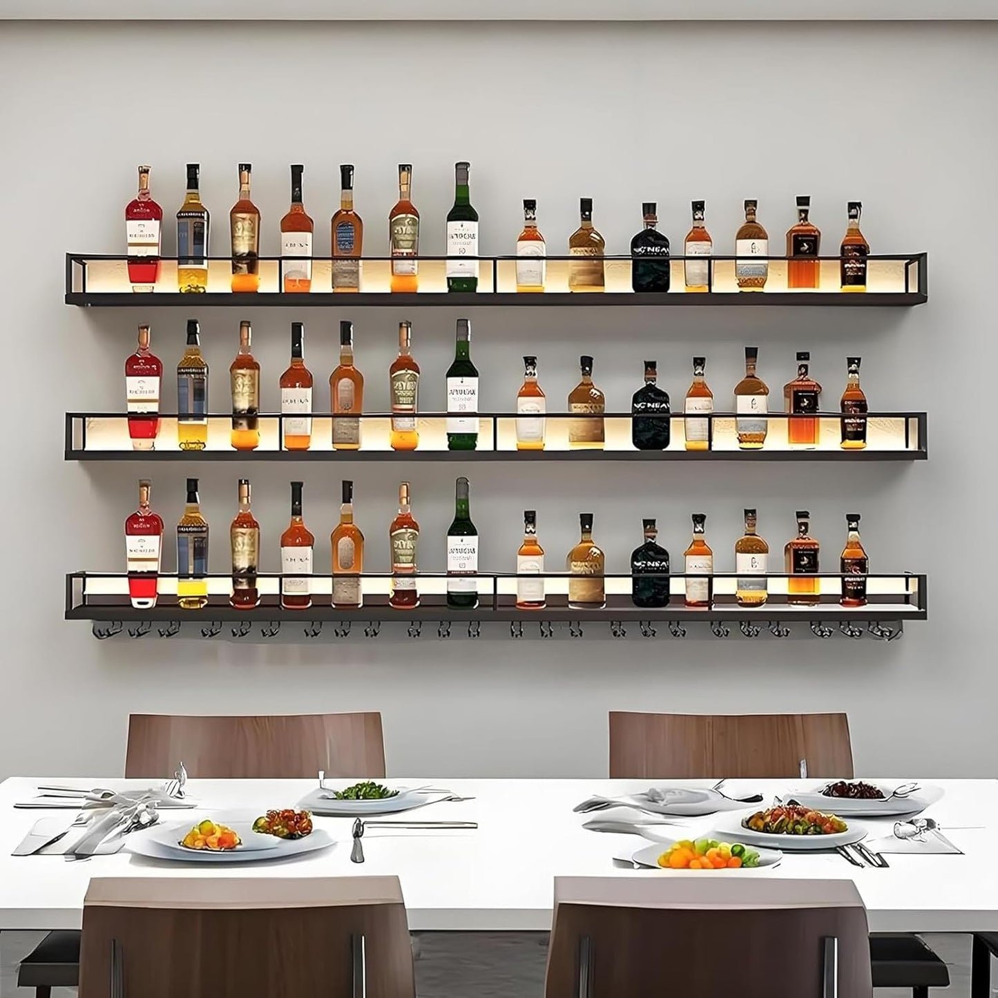 Wall-Mounted Metal Wine Rack with LED Lights 3-Tier Floating Bar Shelves with Wine Glass Rack Large Wine Bottle Display Rack Hanging Shelf, for Home Bar Dining Room Decorative (Gold, 140cm/55in)