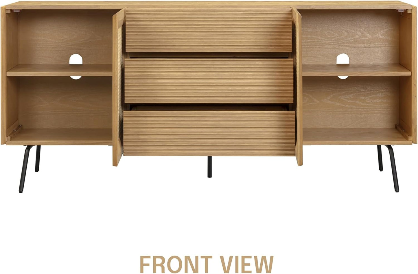 NTC MOSSIC Modern Sideboard with 4 Doors, Natural Rattan Storage Cabinet, Buffet with Metal Legs, Boho Accent Cabinet for Living Room, and Entryway, Effortless Assembly, Sand