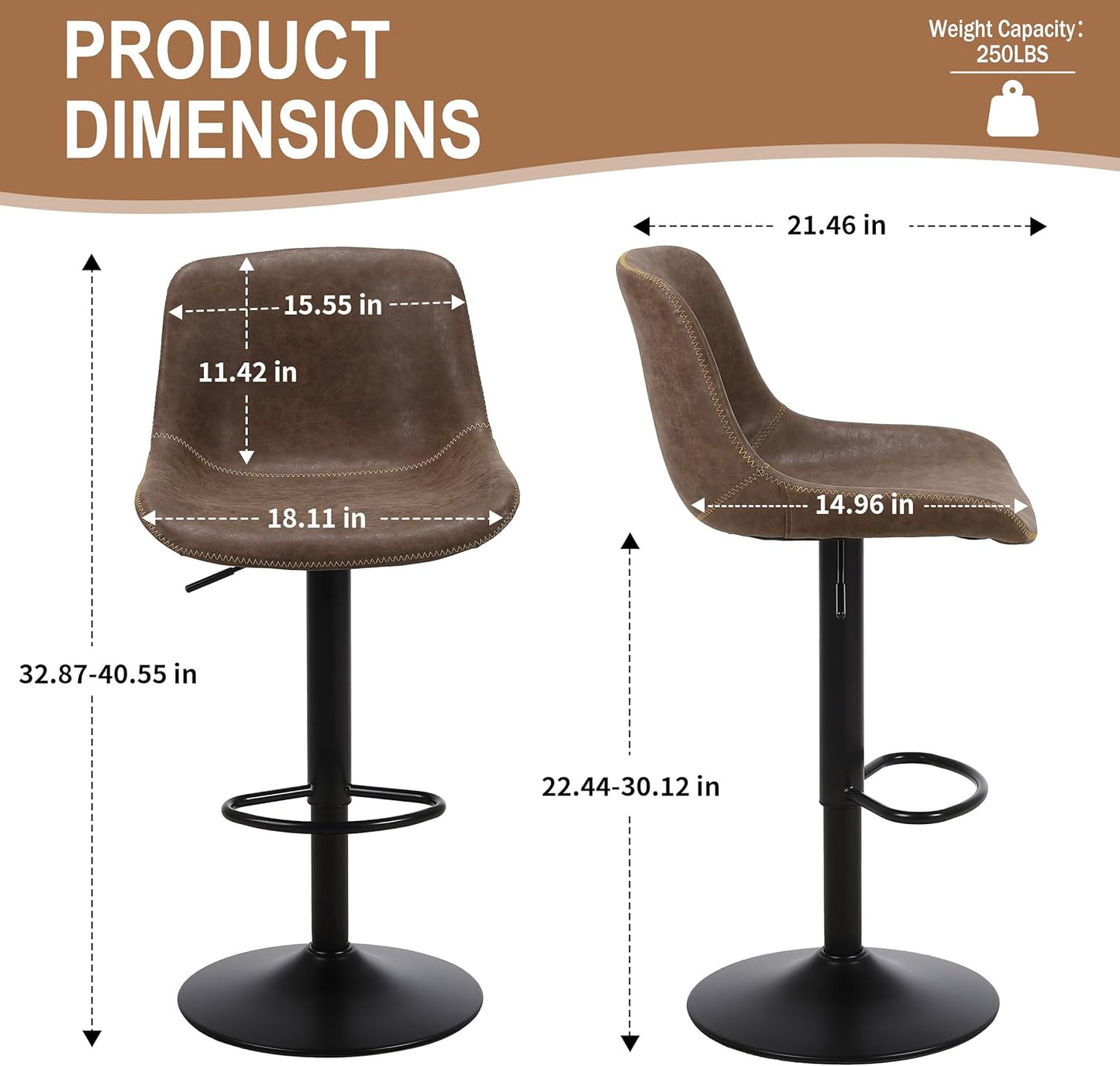 Bar Stools, Swivel Counter Height Barstools with Back, Adjustable Modern Bar Chairs, Tall Armless PU Leather Kitchen Island Stool (Brown, Set of 1)